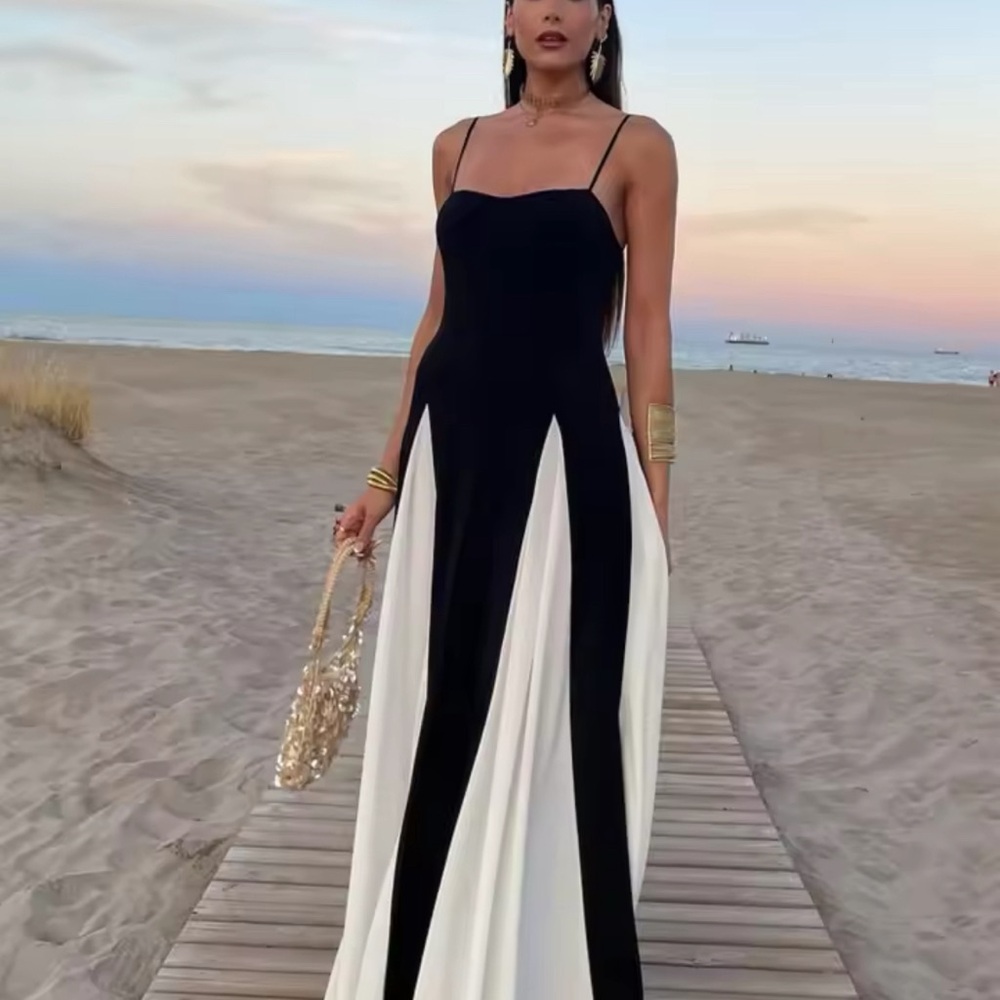 Elegant Black White Contrasting Women Sling Dress.